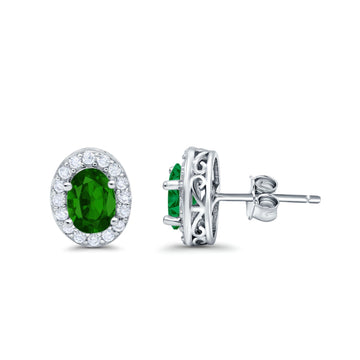 Stud Earrings Wedding Oval Simulated Green Emerald CZ 925 Sterling Silver (11mm)